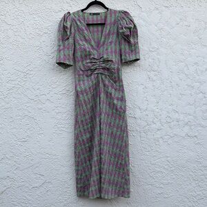 Zara Green and Pink Plaid Midi Dress
